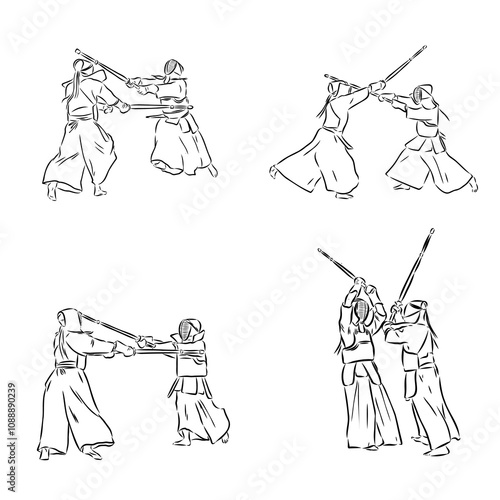 black and white sketch kendo samurai vector