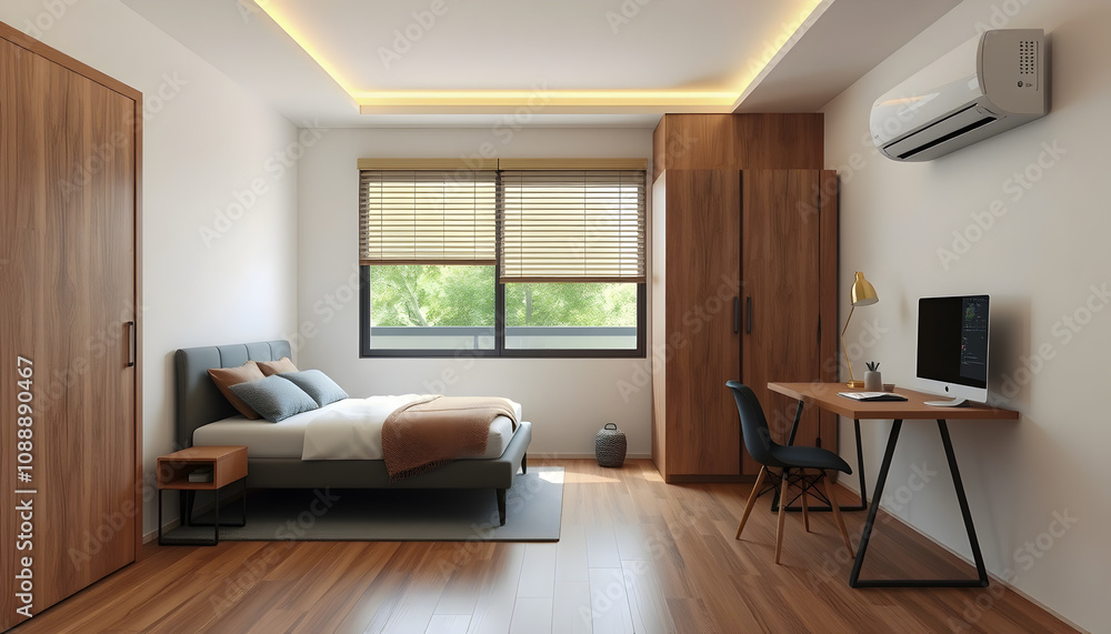 Fototapeta premium Modern Minimalist Bedroom Interior Design with Wooden Accents