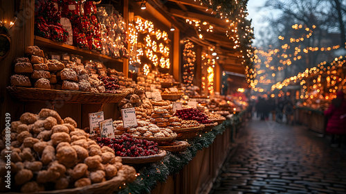 A Dreamy Sunset Christmas Market with Fairy Lights, Sweet Treats, and Inviting Coffee, Enhanced by a Soft Focus on Figures