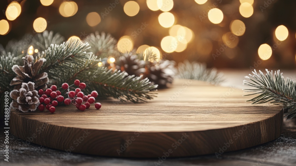 Festive Wooden Table with Holiday Decorations and Warm Bokeh Lights Festive Wooden Table with Holiday Decorations and Warm Bokeh Lights