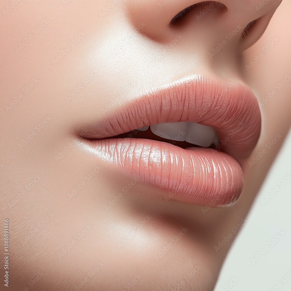 Fototapeta premium Close-up of soft, natural lips with a light sheen, emphasizing beauty and skincare.
