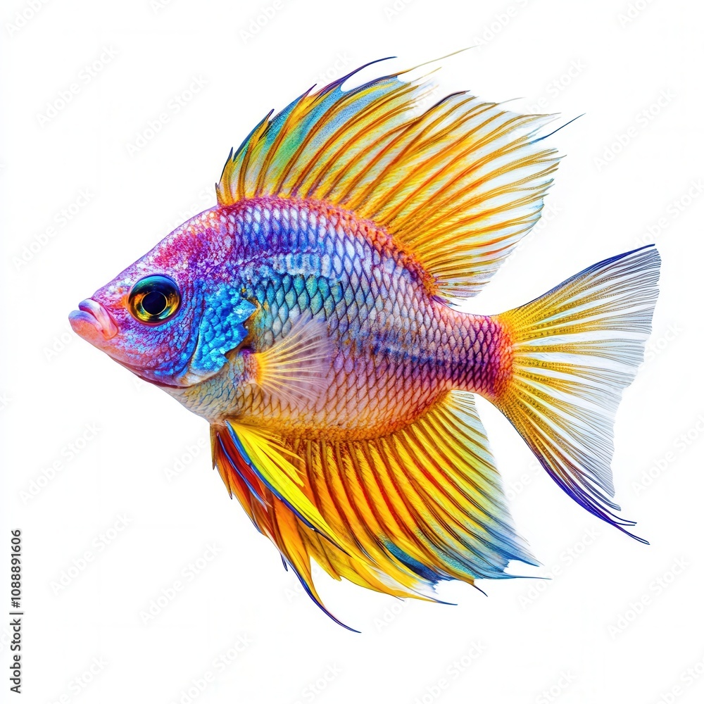 Vibrant Rainbow Ram Cichlid Fish Stunning Close-up Studio Shot of Colorful Aquarium Fish Isolated on White Background. Vibrant Rainbow Ram Cichlid Fish Stunning Close-up Studio Shot of Colorful Aquarium Fish Isolated on White Background.