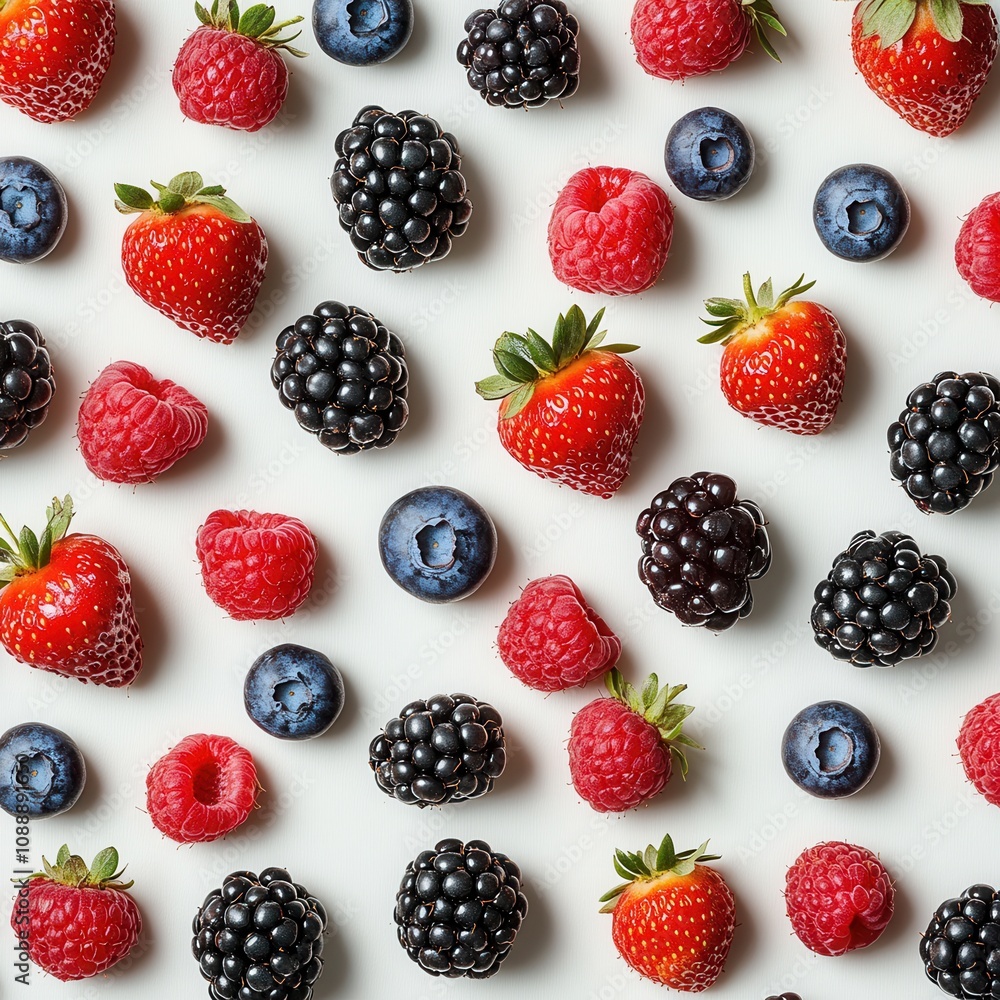 Vibrant Summer Berry Mix Strawberries, Raspberries, Blueberries, and Blackberries Flat Lay Pattern on White Background. Vibrant Summer Berry Mix Strawberries, Raspberries, Blueberries, and Blackberries Flat Lay Pattern on White Background.