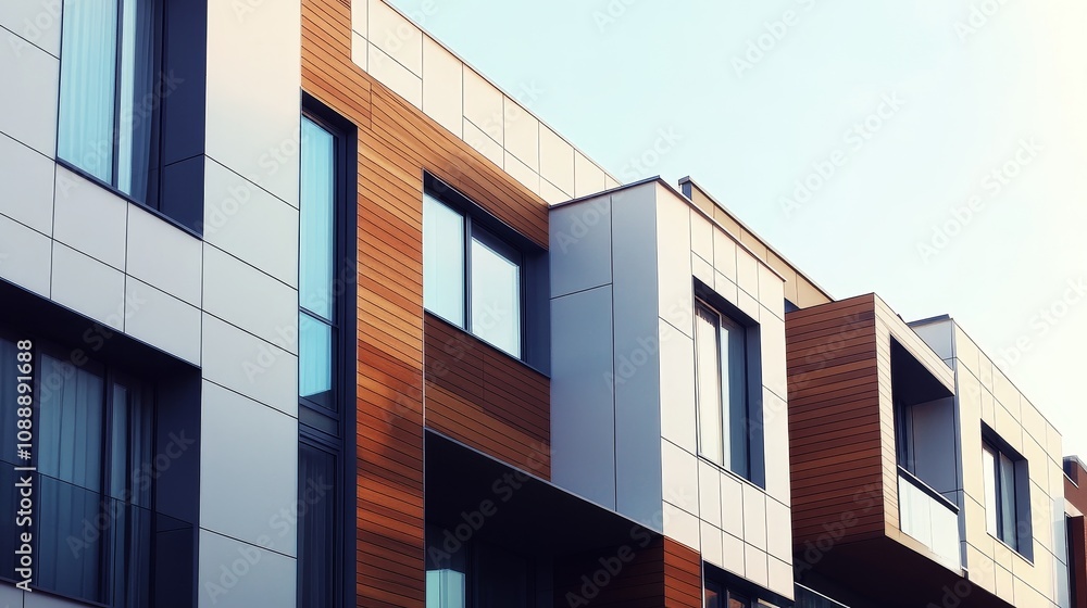Modern residential building with a mix of wood and metal facades, showcasing contemporary architecture. Modern residential building with a mix of wood and metal facades, showcasing contemporary architecture.