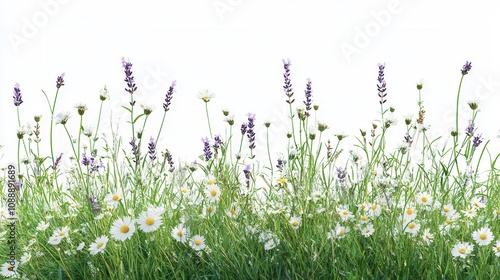 Vibrant Wildflower Meadow Border Daisies and Lavender in Lush Green Grass, Isolated on White Background