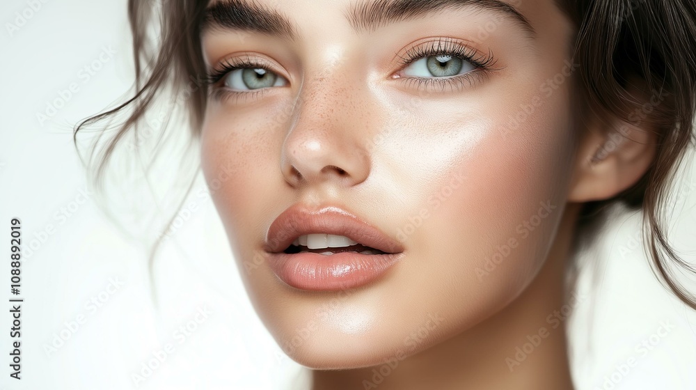 Close-up portrait of a young woman with flawless skin and captivating blue eyes, radiating beauty and confidence. Close-up portrait of a young woman with flawless skin and captivating blue eyes, radiating beauty and confidence.