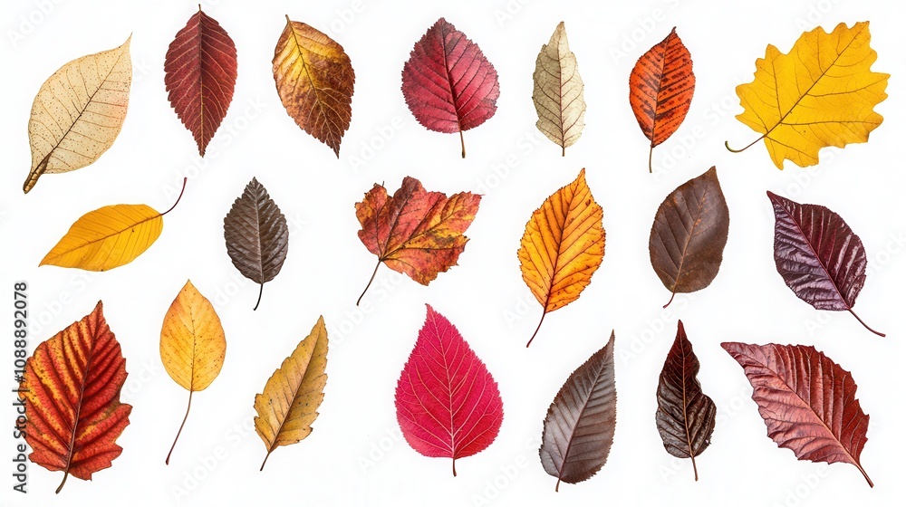 Obraz premium Collection of 20 Vibrant Autumn Leaves Isolated on White Background Perfect for Fall Designs and Seasonal Projects