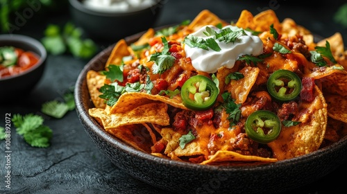 A bowl of nachos with melted cheese, ground beef, jalapenos, sour cream, and cilantro.