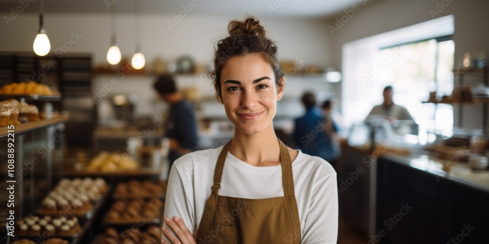 A young woman in uniform stands at the entrance to her bakery, in a welcoming pose. Generative AI. A young woman in uniform stands at the entrance to her bakery, in a welcoming pose. Generative AI.