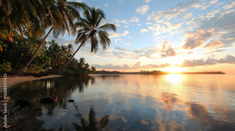Tranquil Tropical Sunset Over Calm Waters with Palm Trees Silhouetted Against a Colorful Sky and Reflecting Light on Serene Ocean Surface