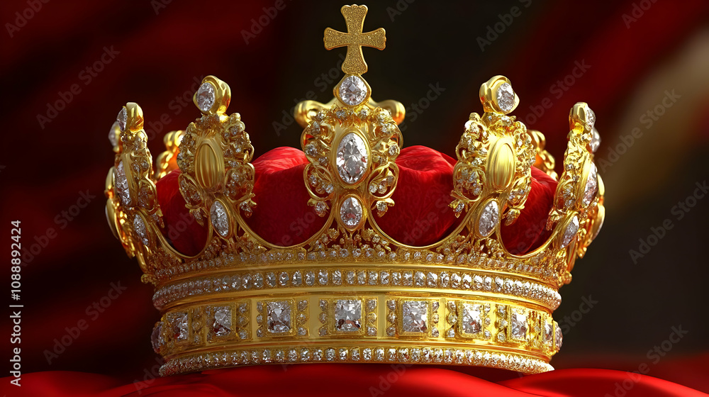 Obraz premium A Close-Up of a Golden Crown Adorned with Sparkling Diamonds Resting on a Crimson Velvet Cushion, Radiating Regal Splendor and Majesty.