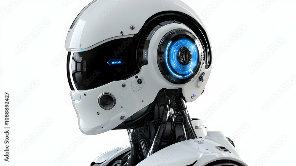 A Close-Up of a White Futuristic Robot's Head with a Black Visor and a Glowing Blue Circle on the Side, against a Plain White Background. A Close-Up of a White Futuristic Robot's Head with a Black Visor and a Glowing Blue Circle on the Side, against a Plain White Background.