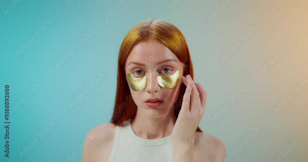 A woman applies patches to her lower eyelid while standing in the studio. She looks at the camera with a serious look. Close-up of her face A woman applies patches to her lower eyelid while standing in the studio. She looks at the camera with a serious look. Close-up of her face