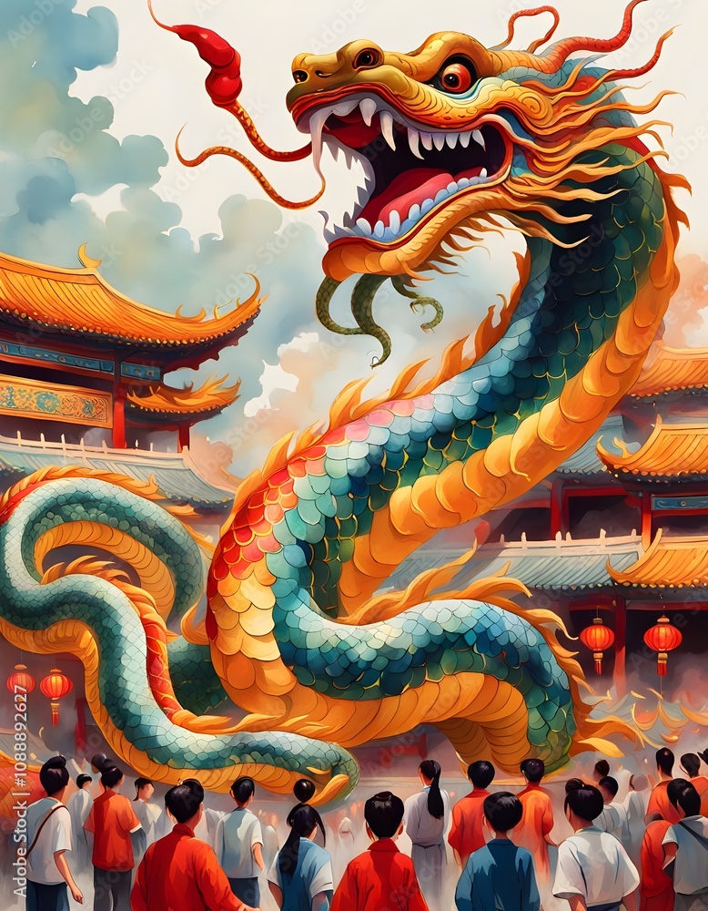 Obraz premium Chinese New Year celebration, serpent costume parade through traditional streets cartoon style.