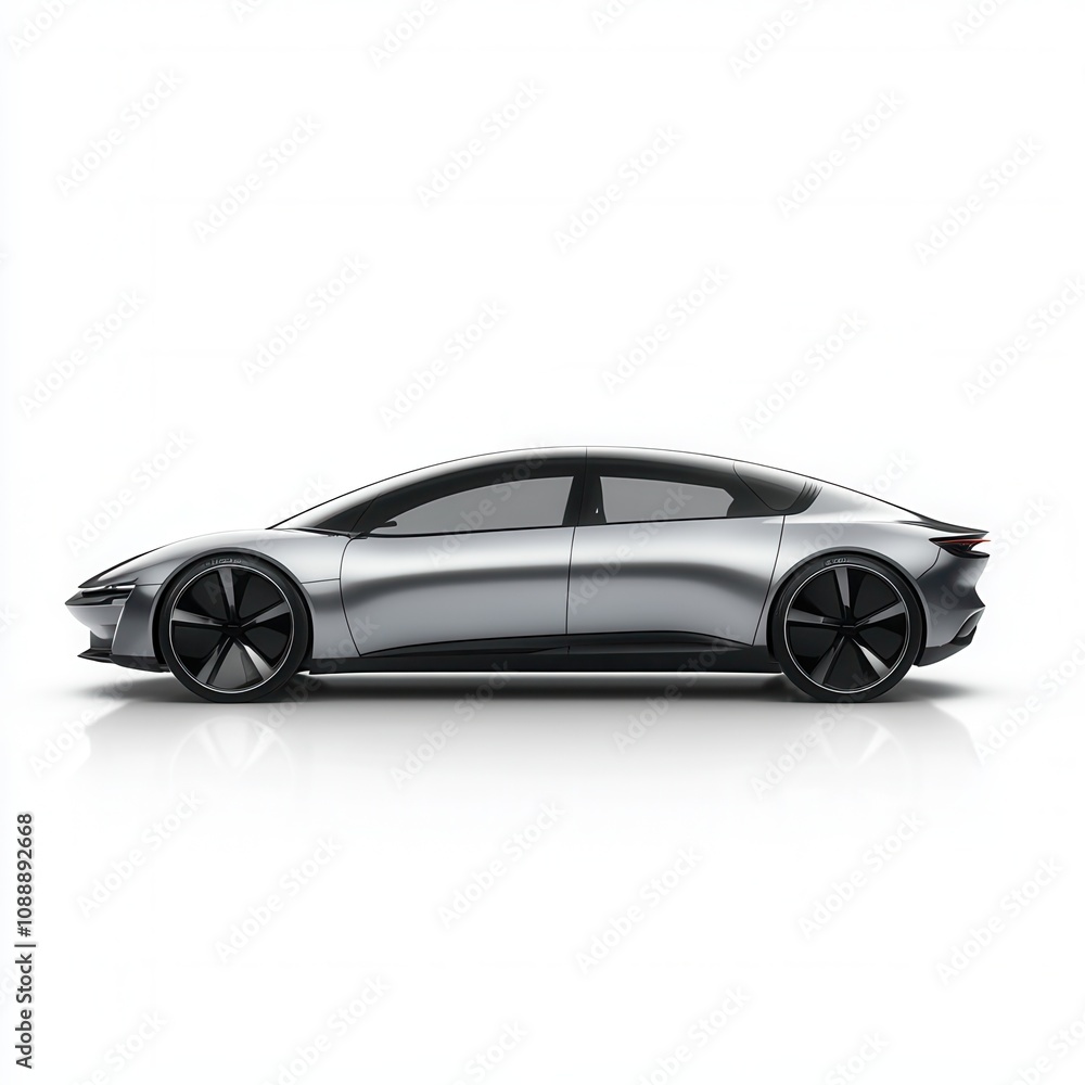Sleek Silver Electric Car Side Profile Studio Shot of Modern Eco-Friendly Vehicle Design Sleek Silver Electric Car Side Profile Studio Shot of Modern Eco-Friendly Vehicle Design