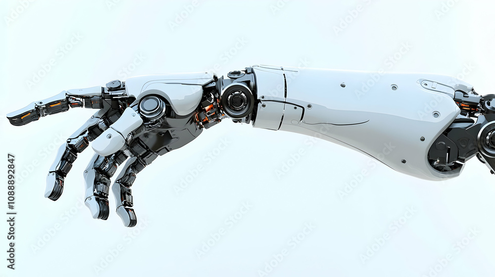 A Detailed 3D Render of a Mechanical Robotic Hand Reaching Out with Articulated Fingers on a White Background A Detailed 3D Render of a Mechanical Robotic Hand Reaching Out with Articulated Fingers on a White Background