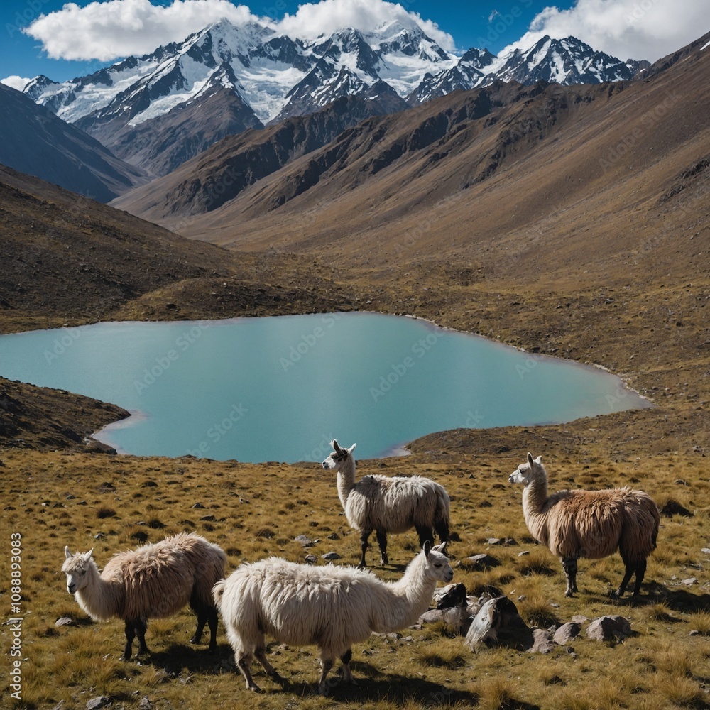 Obraz premium A high-altitude Andean lake with wild llamas grazing nearby.