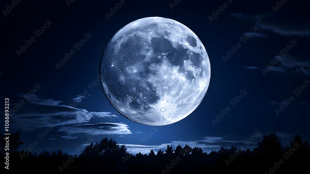 A Full Moon Glows Brightly in the Night Sky Over a Silhouetted Forest, with Wispy Clouds Drifting Across the Horizon A Full Moon Glows Brightly in the Night Sky Over a Silhouetted Forest, with Wispy Clouds Drifting Across the Horizon