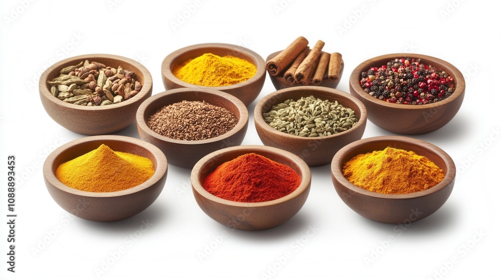 Aromatic Spice Collection Turmeric, Paprika, Fennel, Cinnamon, and More in Wooden Bowls - High-Resolution Stock Photo Aromatic Spice Collection Turmeric, Paprika, Fennel, Cinnamon, and More in Wooden Bowls - High-Resolution Stock Photo