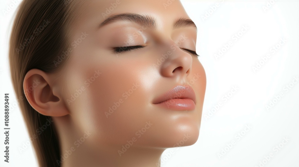 A serene young woman with closed eyes, showcasing natural beauty and healthy skin in a soft, minimalist setting.
