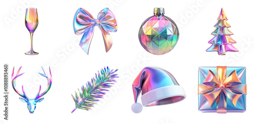 Abstract iridescent colored festive christmas icons. Holographic neon foil design elements photo