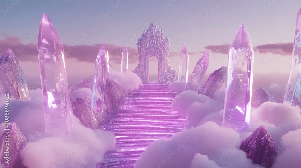 Heavenly steps made of shining crystals, ascending through soft clouds to an ornate gate. Heavenly steps made of shining crystals, ascending through soft clouds to an ornate gate.