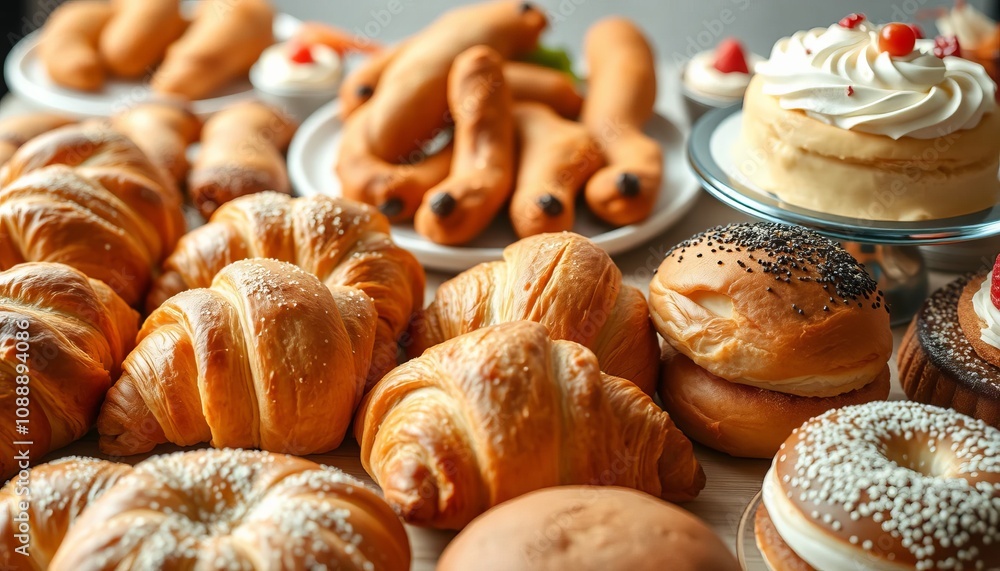 Freshly baked pastry assortment featuring croissants, buns, and cakes with delicious chicken Freshly baked pastry assortment featuring croissants, buns, and cakes with delicious chicken