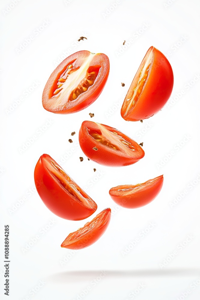 slice tomato part of part flying in the air isolated on white background. slice tomato part of part flying in the air isolated on white background.