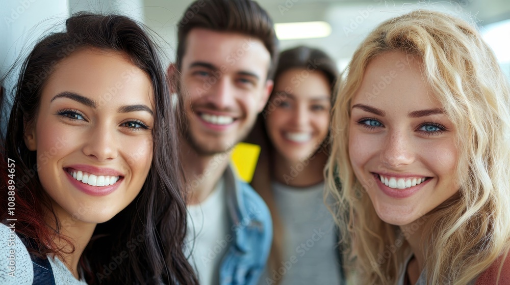 Group of four cheerful young friends enjoying a fun moment together, capturing smiles and positive vibes in a bright, modern setting, representing friendship and joy. Group of four cheerful young friends enjoying a fun moment together, capturing smiles and positive vibes in a bright, modern setting, representing friendship and joy.