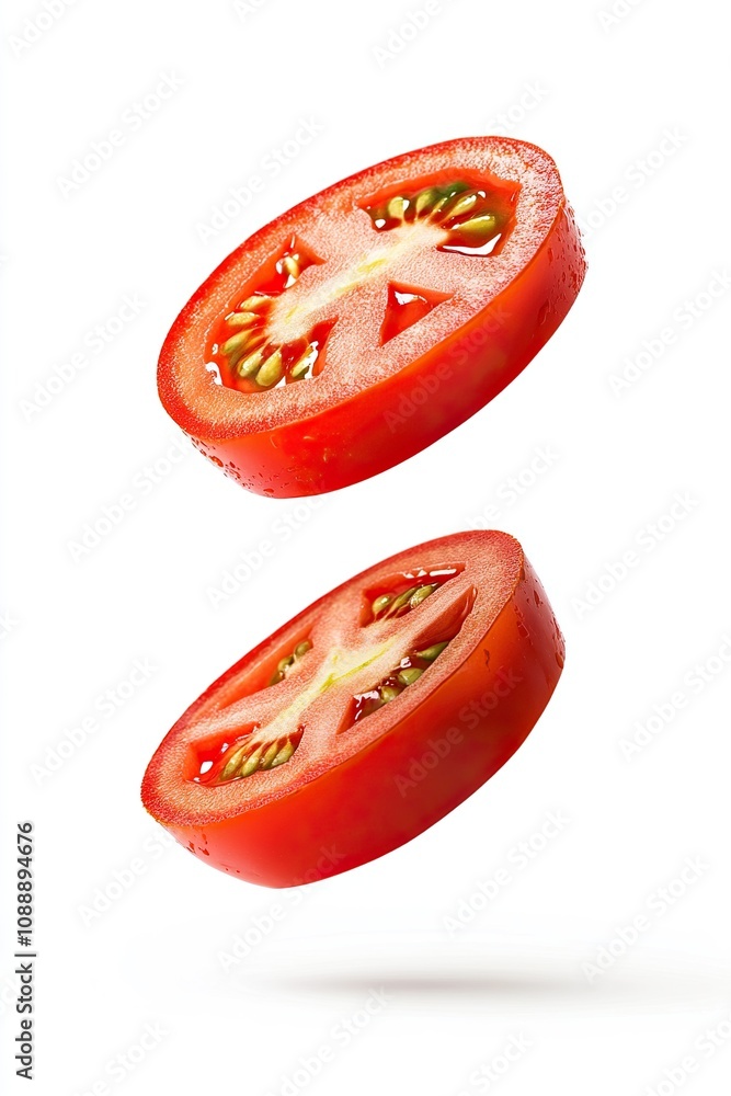 slice tomato part of part flying in the air isolated on white background. slice tomato part of part flying in the air isolated on white background.