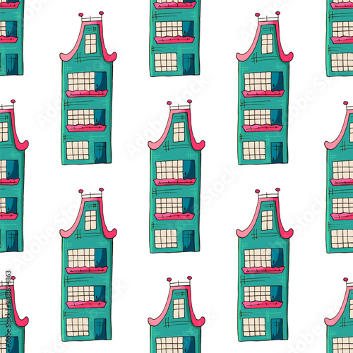 Seamless pattern with decorative colorful houses