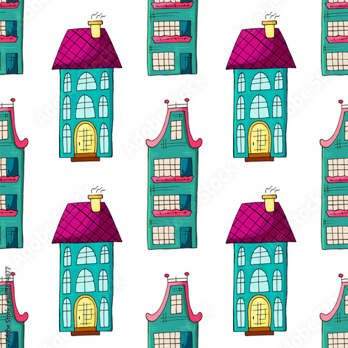 Seamless pattern with decorative colorful houses