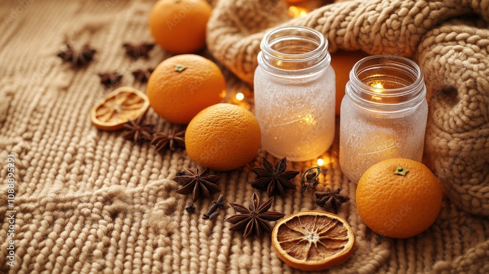 Cozy Autumn Still Life with Oranges and Warm Candlelight Cozy Autumn Still Life with Oranges and Warm Candlelight