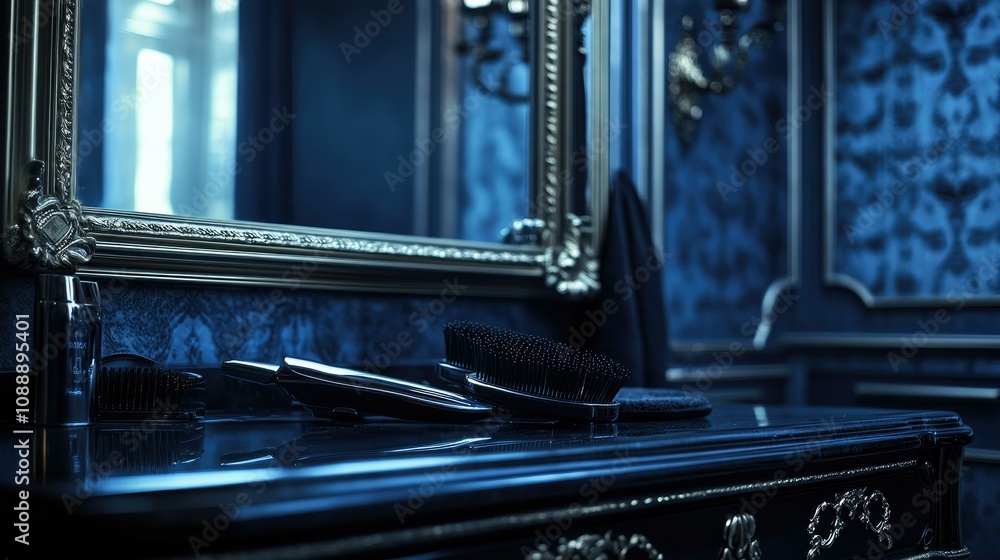 Flat iron and hairbrushes arranged stylishly on a vanity, creating a beauty-focused image. Flat iron and hairbrushes arranged stylishly on a vanity, creating a beauty-focused image.