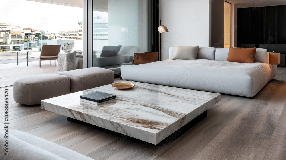 Fototapeta premium Modern living room with spacious gray sectional sofa, marble coffee table, and large windows with a view of contemporary architecture on a balcony.