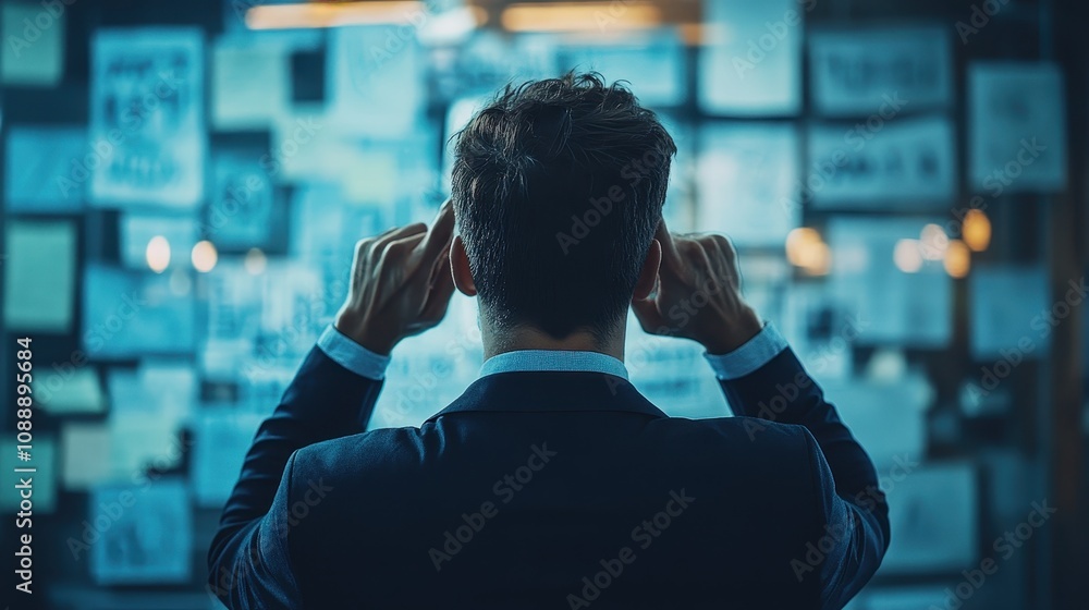 Stressed Businessman Surrounded by Sticky Notes in Dimly Lit Office Stressed Businessman Surrounded by Sticky Notes in Dimly Lit Office