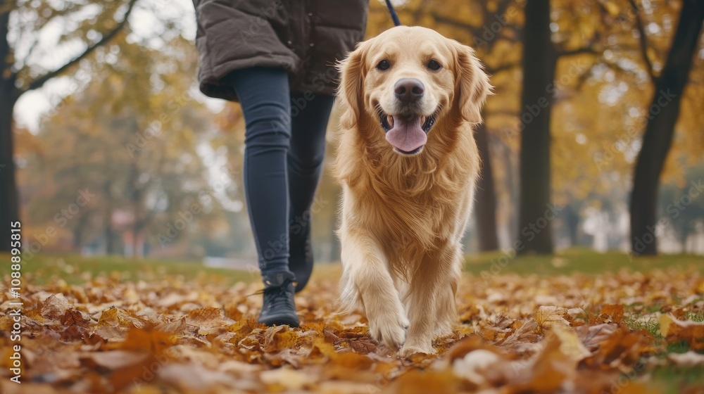 Golden retriever dog enjoying a walk in a vibrant autumn park, embodying joy and warmth in the crisp fall atmosphere. Golden retriever dog enjoying a walk in a vibrant autumn park, embodying joy and warmth in the crisp fall atmosphere.