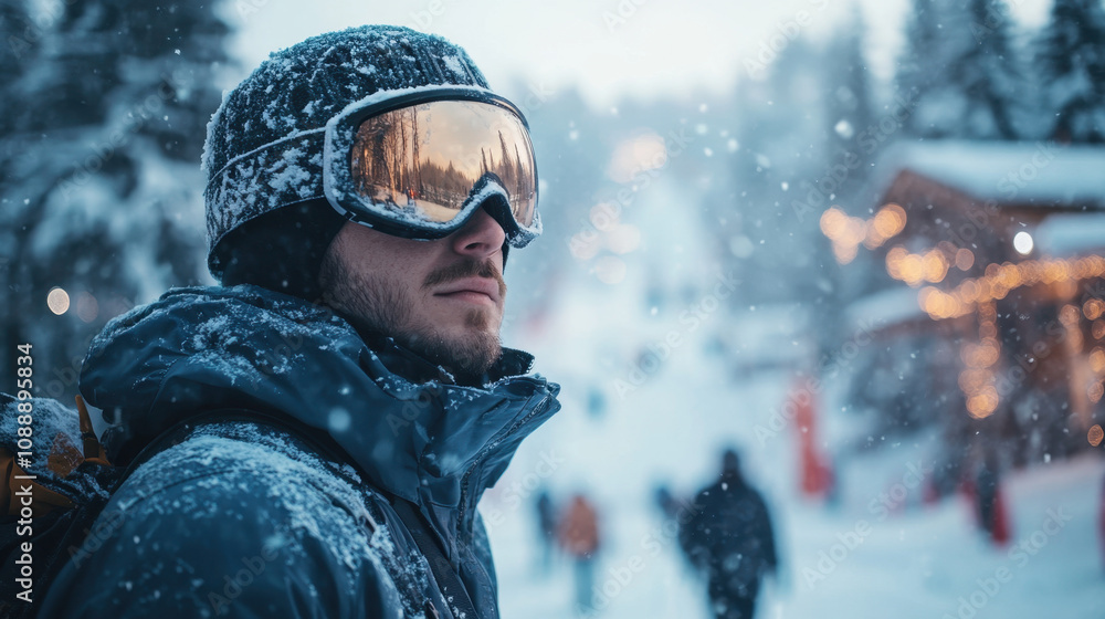 man in winter clothes stands at ski resort, surrounded by snow. His reflective goggles capture winter scenery, creating serene atmosphere man in winter clothes stands at ski resort, surrounded by snow. His reflective goggles capture winter scenery, creating serene atmosphere