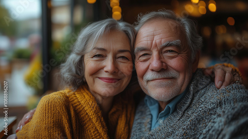 Senior couple enjoying a cozy moment in a warm cafe on a rainy afternoon with cheerful smiles and soft lighting. Generative AI