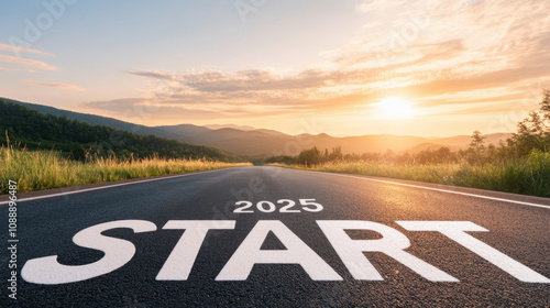 Wallpaper Mural scenic road leading towards vibrant sunset, marked with START 2025, symbolizes new beginnings and opportunities. lush greenery and mountains create serene backdrop Torontodigital.ca
