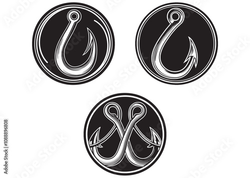 Fishing hook logo silhouette vector illustration, Fishing hook logo icon vector set, hook logo icon of fishing vector illustration, Fishing hook logo on white background