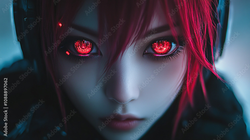Futuristic character with glowing red eyes and headphones exploring a digital landscape at night Futuristic character with glowing red eyes and headphones exploring a digital landscape at night
