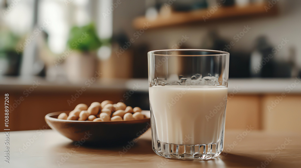 A refreshing glass of soy milk sits beside a bowl of soybean on a rustic kitchen table, showcasing a healthy lifestyle with plant based products. A refreshing glass of soy milk sits beside a bowl of soybean on a rustic kitchen table, showcasing a healthy lifestyle with plant based products.