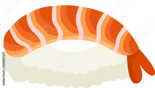 Ebi Sushi Nigiri Cartoon.  Ebi, hand-shaped sushi.  A fresh shrimp sushi.  Shrimp sushi nigiri.  Traditional Japanese food. 