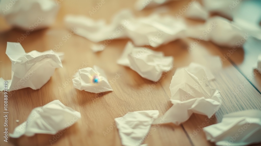 Lightly crumpled pieces of tissue spread out on a table, showcasing realistic folds. Lightly crumpled pieces of tissue spread out on a table, showcasing realistic folds.