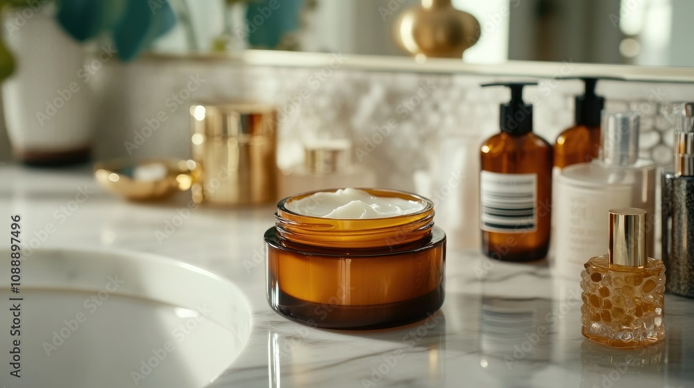 Jar of cream open on a vanity, surrounded by other skincare essentials, ideal for beauty setups Jar of cream open on a vanity, surrounded by other skincare essentials, ideal for beauty setups