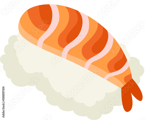 Ebi Sushi Nigiri Cartoon.  Ebi, hand-shaped sushi.  A fresh shrimp sushi.  Shrimp sushi nigiri.  Traditional Japanese food. 