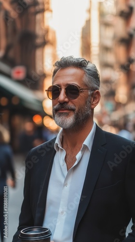 Middle-aged man in sunglasses enjoys coffee from a reusable cup amid a vibrant city atmosphere