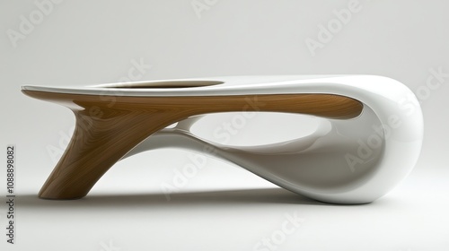 Modern, sculptural white and wood desk.