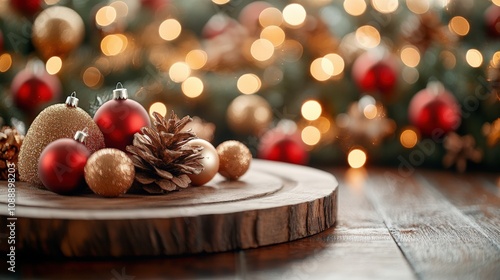 Festive Christmas Ornaments on Wooden Platform with Warm Bokeh Background